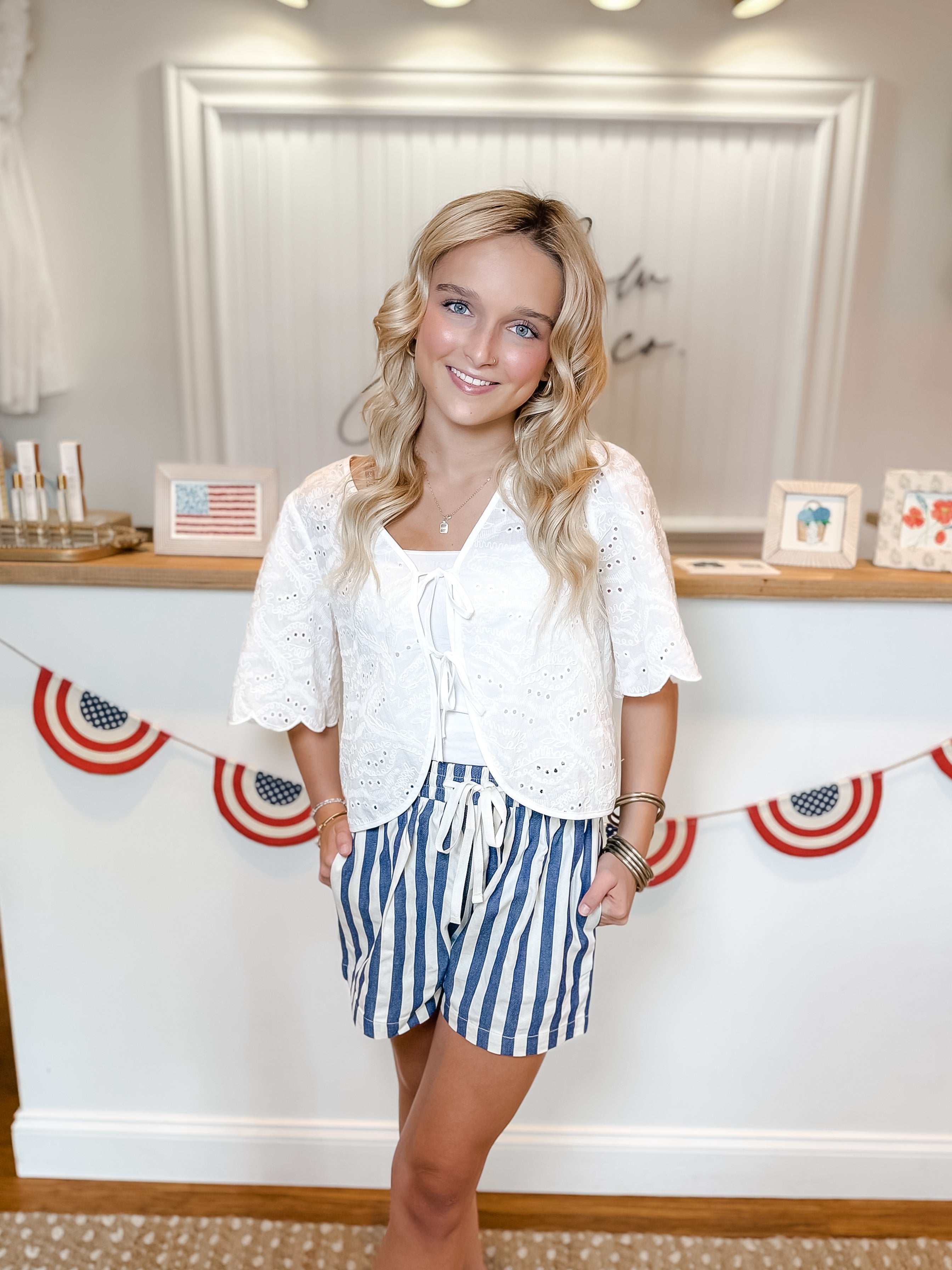 Navy Striped Cotton Twill Mini Shorts