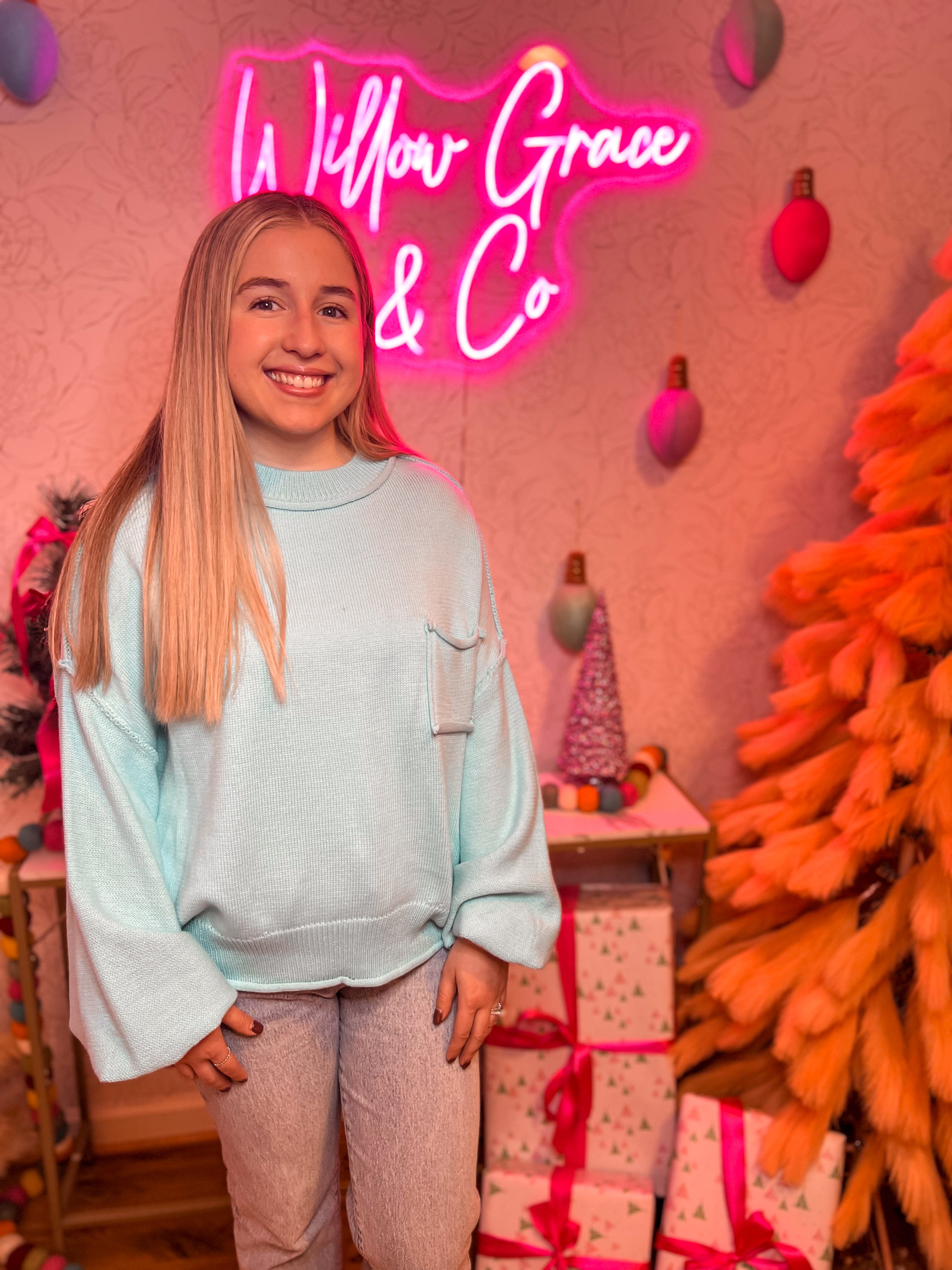 POL Balloon Sleeve Sweater in Blue